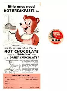 Collar de botella de leche de chocolate caliente para lácteos de la década de 1950 anuncio dibujos animados oso y tapa North Ridge - Imagen 1 de 2