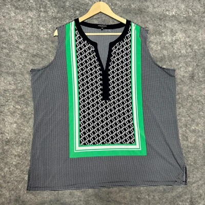 Camiseta sin mangas Jones New York para mujer 3X azul verde cuello en V elástica a cuadros a rayas Plus Foto 1 de 4