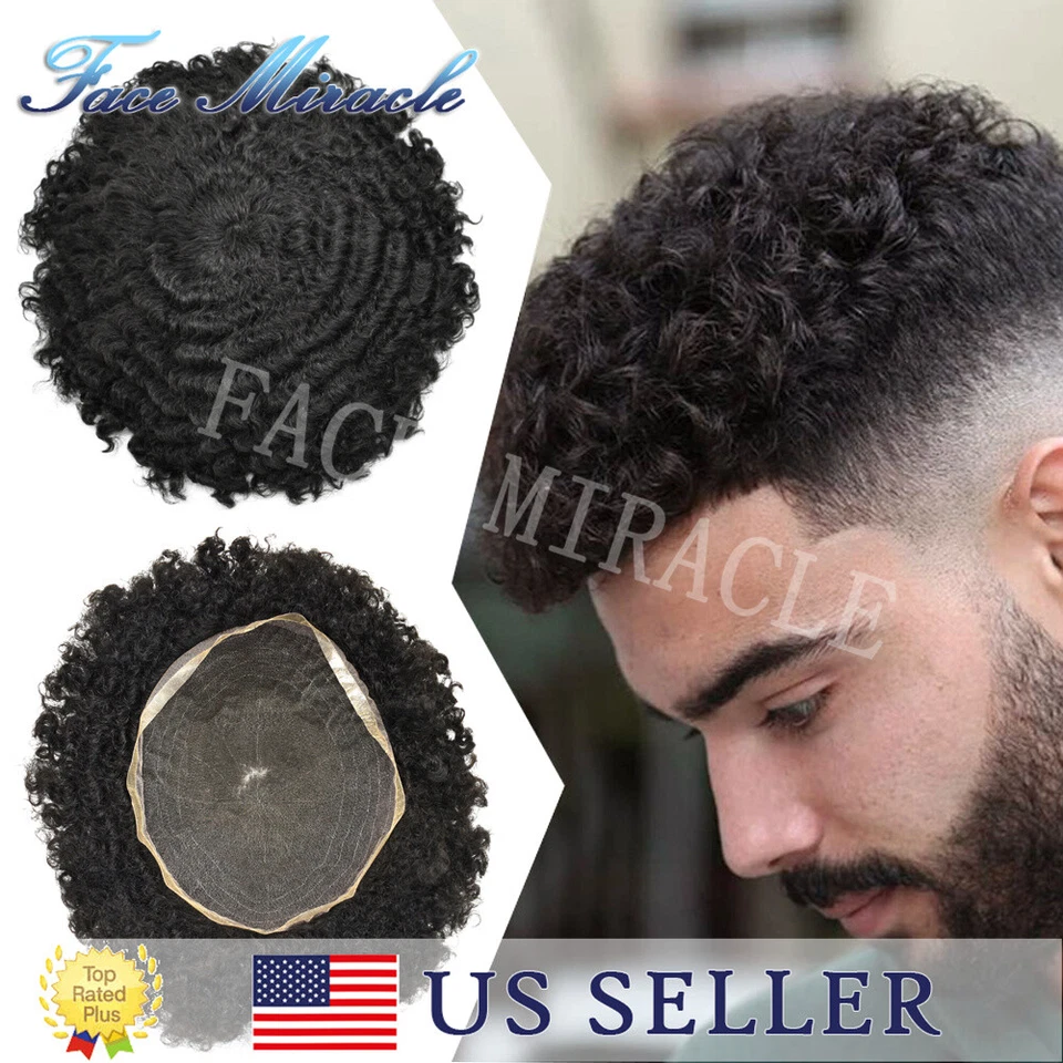 Afro Curl Toupee para Hombres Negros Todo Encaje Rizado Pelo Rizado Sistema de Cabello Humano Foto 1 de 4