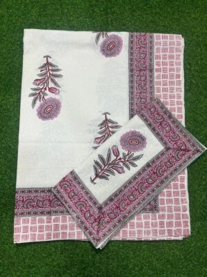 Indian Hand Printed Pure Cotton Fabric King Size Bedsheet Bedding 2 Pillow Cover - Image 1 of 2