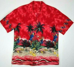 Vintage Hawaiian Shirt Size M/L 80s Blue Birds Palms Raspberry Shirt Grunge - Picture 1 of 5
