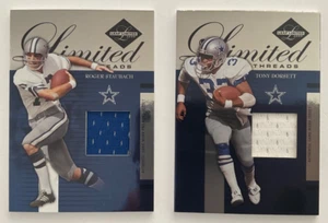 DORSETT/STAUBACH COWBOYS, TWO ‘05 LEAF LIMITED THREADS GAME WORN JERSEY CARDS - Picture 1 of 4