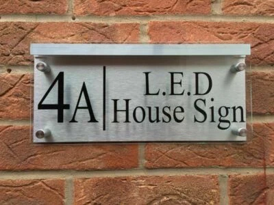 MODERN HOUSE SIGN PLAQUE DOOR NUMBER STREET GLASS ACRYLIC ALUMINIUM LIGHT HOLDER - Image 1 of 3