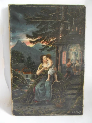 Johann Michael Theodor Maassen 1817–1886 Mutter Kind Gebirge Ölbild mit Krakelee - Bild 1 von 4