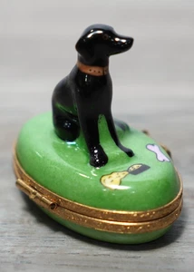 Limoges France Hand painted Eximious Trinket Box MM Dog Puppy With bone Green - Picture 1 of 7