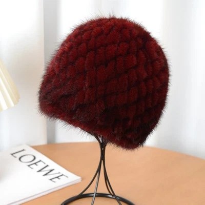 Sombrero de piel de visón real para mujer gorros tejidos elástico invierno cálido exterior gorra de esquí Foto 1 de 4