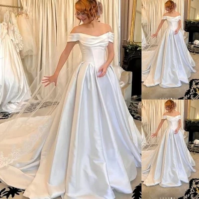 Vestidos de novia de satén elegantes con hombros descubiertos blancos una línea tren de barrido vestidos de novia Foto 1 de 4