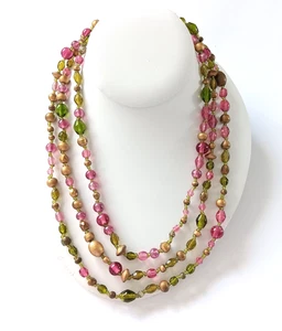 Gold Tone Pink and Green Beaded Necklace. Very Nice - Picture 1 of 3