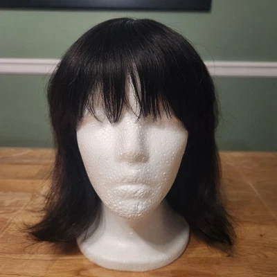 Brown Blonde Highlights Short Straight Wig with bangs Human Synthetic Hair Blend - Image 1 of 4