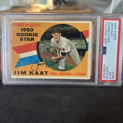 Tarjeta de novato de béisbol 1960 Topps Jim Kaat firmada PSA 3 DNA 10 certificada automática patio Foto 1 de 4