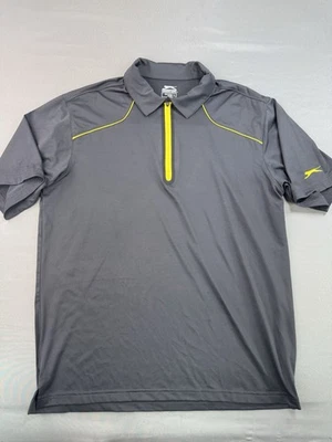 Camisa polo masculina de golfe Slazenger tamanho grande cinza 1/4 zíper manga curta logotipo amarelo - Imagem 1 de 4