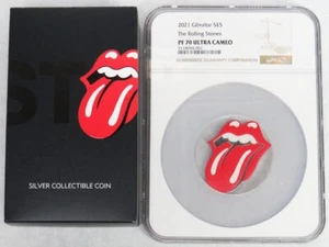 2021 SILVER GIBRALTAR ROLLING STONES 5 POUND COIN NGC PROOF 70 UC - Picture 1 of 4