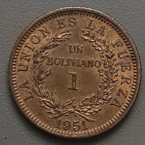 1951 Bolivia 1 Un Boliviano Coin - Bronze - Picture 1 of 2