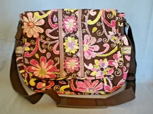RETIRED~VERA BRADLEY MESSENGER DIAPER TOTE BAG~PURPLE PUNCH~BROWN,PURPLE,PINK - Picture 1 of 7