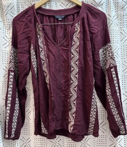 American Eagle Boho Maroon Long Sleeve Embroidered Casual Top Women's Size S - Picture 1 of 5