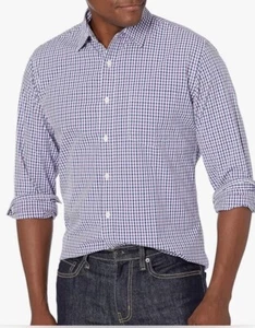 Amazon Men Poplin L Purple Plaid Blue Regular Fit Button Down Long Sleeve Shirt - Picture 1 of 13
