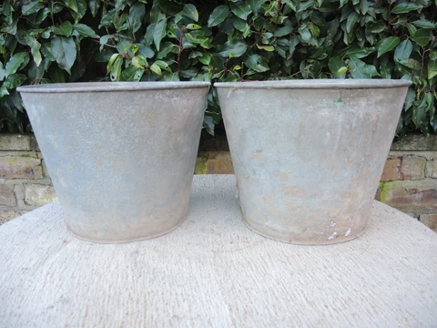2 Genuine Vintage Galvanised Flower Buckets  Garden Planters  22 cm high  (1110) Cover