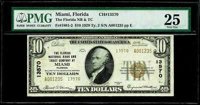 1929 US $10 NATIONAL BANK & TRUST MIAMI, FLORIDA TYPE 2 NOTE CH. 13570 PMG VF 25 - Image 1 of 2