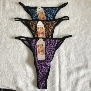 Dehnbar. Lila, Braun, Blau. Leopardenmuster 3er Pack Strings. Größe S 5. Neu - Bild 1 von 6