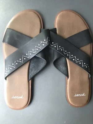 Sandalias de cuero Sanuk para mujer talla 6 Yoga Adley negras y plateadas nuevas Foto 1 de 4