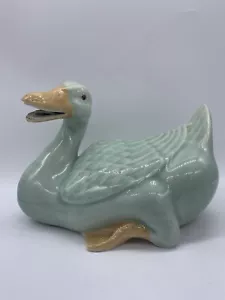 Vintage Chinese Duck Celadon Green Porcelain Mandarin Large Lying Glazed - Picture 1 of 11