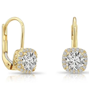 14K Real Solid Yellow Gold Cushion Halo CZ Drop Earrings French Lever-back - Picture 1 of 7