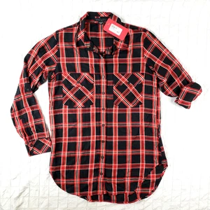 SANCTUARY Women MEDIUM Relaxed Red Black Plaid BOYFRIEND TUNIC Shirt Evereve NWT - Picture 1 of 12