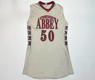 Vintage Russell Belmont Abbey #50 Basketball Game Jersey Sz 48 White USA Screen - Image 1 of 4