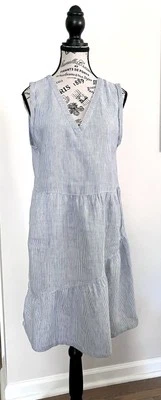 LUCKY BRAND Dress Large Nautical Blue & White Striped Sleeveless Linen Dress - Image 1 of 4