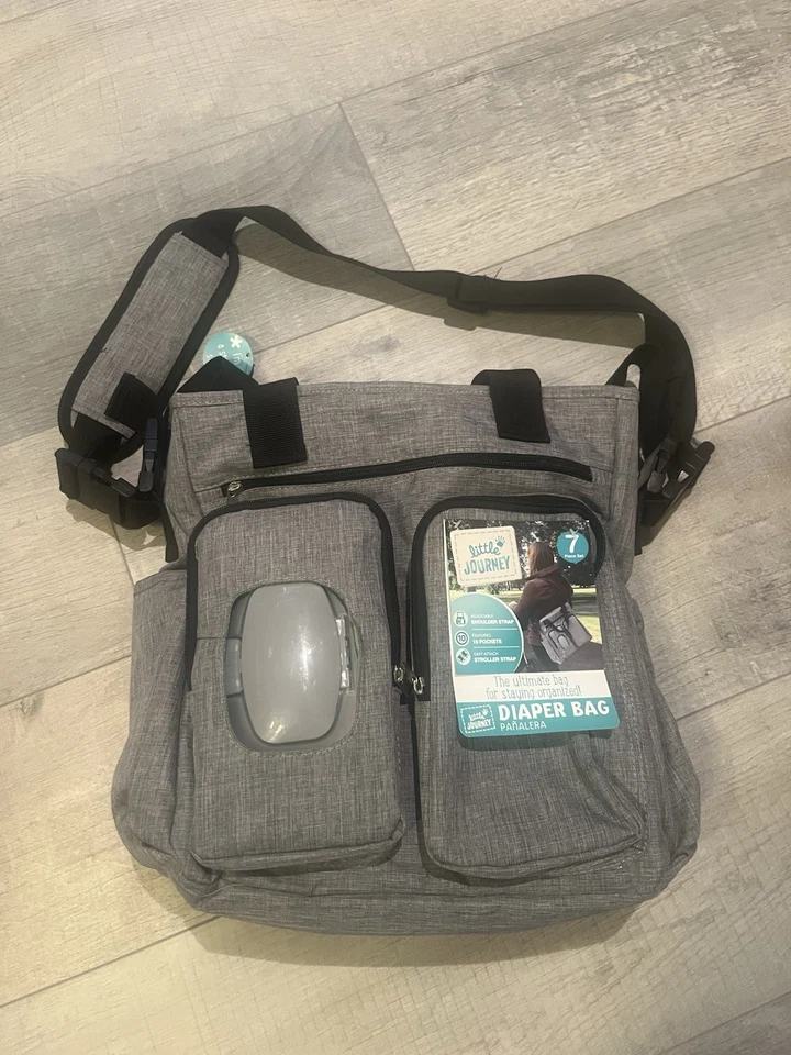 Bolsa de pañales Little Journey gris cambiador toallitas contenedor cremallera correa para el hombro Foto 1 de 4