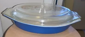 Vintage Pyrex Rarität königsblau geteilt Kasserolle Goldmedaillon Deckel 945 EUC 1960er - Bild 1 von 15