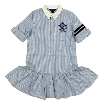 Polo Ralph Lauren Girl's  Striped Oxford Dress with Skull Emblem - Blue, White - Image 1 of 3