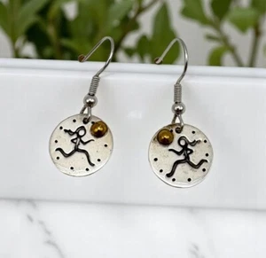 Dangle Earrings Handcrafted Running Girl Sun Design Sterling Silver 925 - Picture 1 of 6