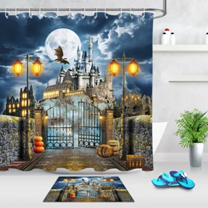 Halloween Dragon Castle Gate Pumpkin Bathroom Fabric Shower Curtain Set w/ Hooks - Picture 1 of 15