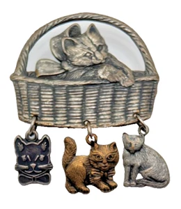 Vintage Tricolor Pewter Copper Brass Finish Cat Basket with Kittens Dangle Pin - Picture 1 of 3