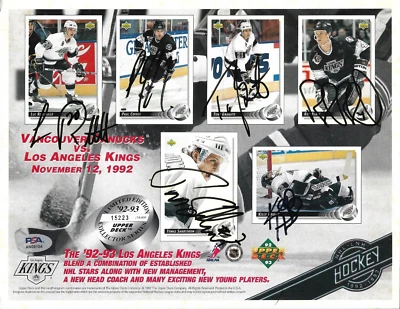 Kelly Hrudey Luc Robitaille Rob Blake Coffee 6x Signed 8.5x11 Photo Card PSA/DNA - Image 1 of 2