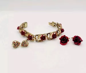 Vintage Gold Tone Metal & Rose Flower Link Bracelet Earrings Set Valentines Day - Picture 1 of 6