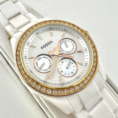 Reloj Fossil ES-2869 Mujer 37mm Blanco Oro Rosa Cristal Bisel Talla 6" Batería Nueva Foto 1 de 4