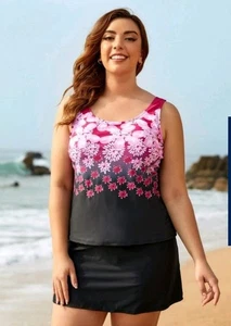 Size 22-24 Flower Scoop Neckline Wide Straps Black-skirt Plus Size Tankini Set - Picture 1 of 3