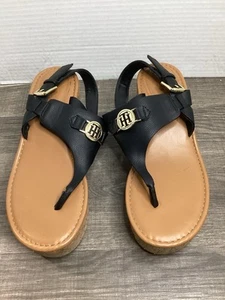 Tommy Hilfiger Black Thong Sandals Womens Sz 8.5 Tall Cork Soles Logo Viela - Picture 1 of 6