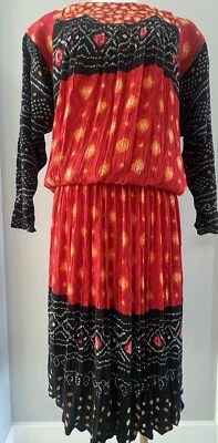 Vestido midi vintage Carole Little Boho cintura ajustada rojo naranja negro talla 12 Foto 1 de 4