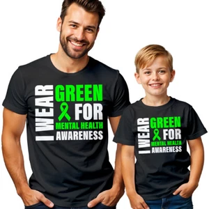 Mens Kids Green Ribbon Mental Health Awareness T-Shirt Tee Anxiety Emotional#MHA - Picture 1 of 30