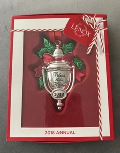 LENOX 2018 Silver Ornament : Bless This Home Doorknocker Red Ribbon/Green Holly - Picture 1 of 5