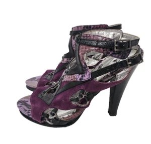 Naughty Monkey Women Lea Heels 7.5 Purple Black Snake Skin Suede Strappy Sandals - Picture 1 of 12