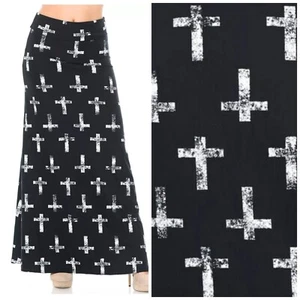 Faded Cross Gothic Soft Stretch Maxi Skirt  Fold Over Waist One Size 4-11 - Picture 1 of 4
