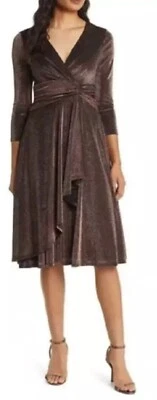 Vestido de cóctel Eliza J marrón metálico manga larga imitación envoltura nuevo con etiquetas talla 6 Foto 1 de 4