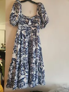 ABERCROMBIE Emerson Poplin Puff Sleeve Midi Dress White floral/blue Sz M NWT - Picture 1 of 11