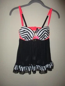 NWT Victorias Secret Black White Striped Pink Trim Babydoll Lingerie Top 34B $68 - Picture 1 of 4