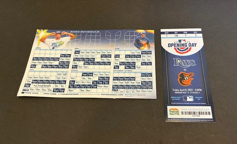 Tampa Bay Rays 2022 schedule magnet and 2022 Opening Day commemorative ticket Cover