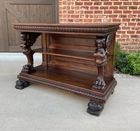 Antique French Gothic Console Table Server Sideboard 2-Tier Walnut Winged Figure Cover